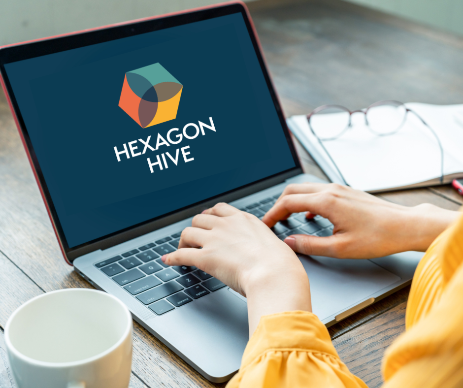 Laptop screen with Hexagon Hive logo